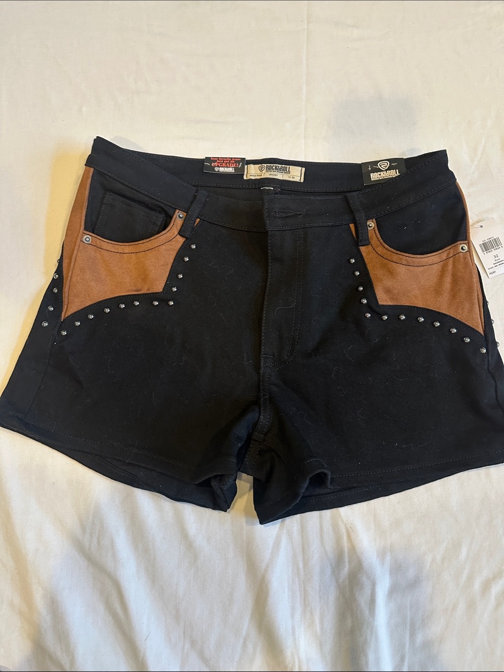 Rock & Roll Cowgirl Black Shorts with Brown Pocket Accents